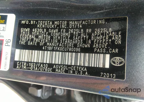 2014 Toyota Camry L from USA, damaged, VIN 4T1BF1FK0EU780096